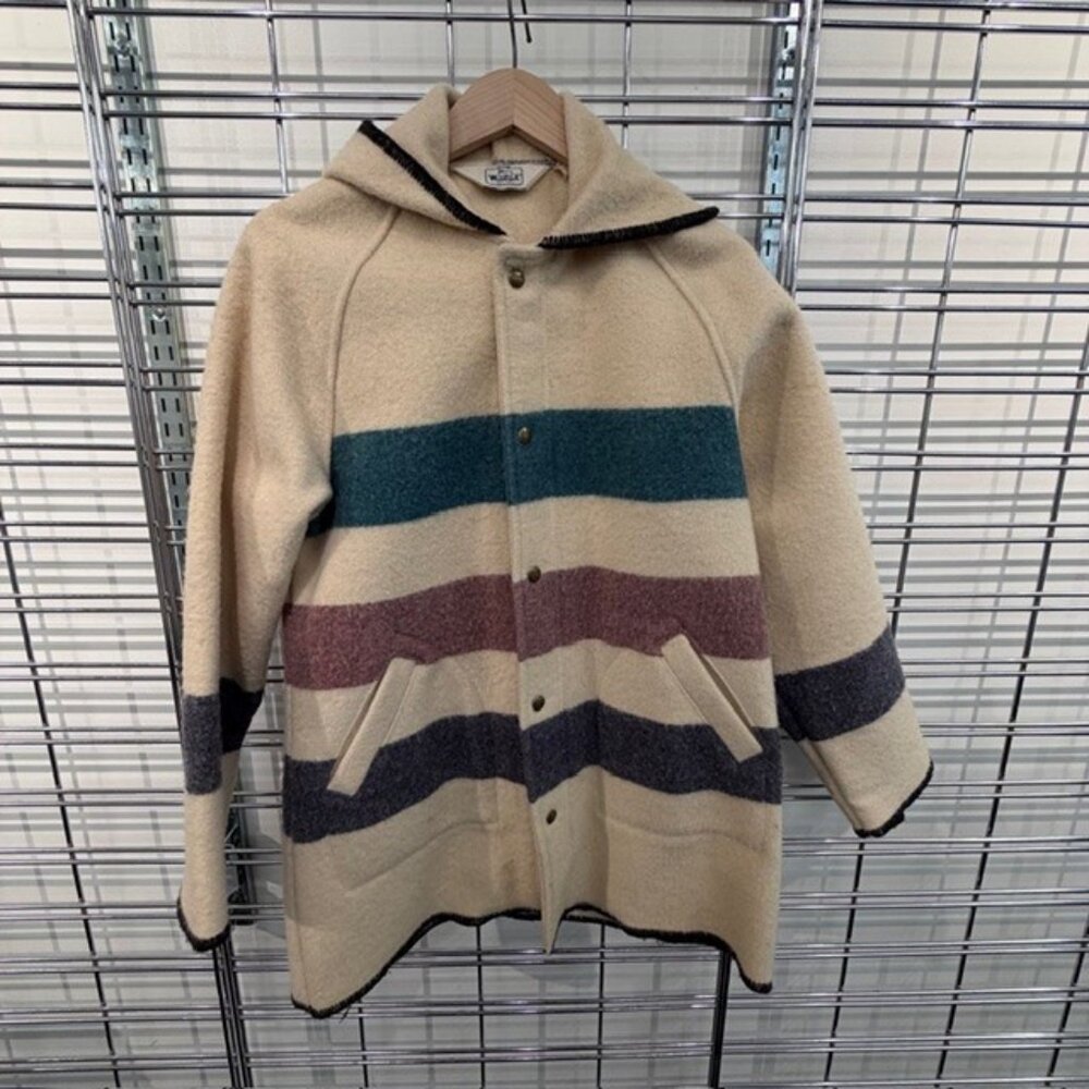 Vintage Woolrich Woman Hooded Blanket Coat with Stripes size M